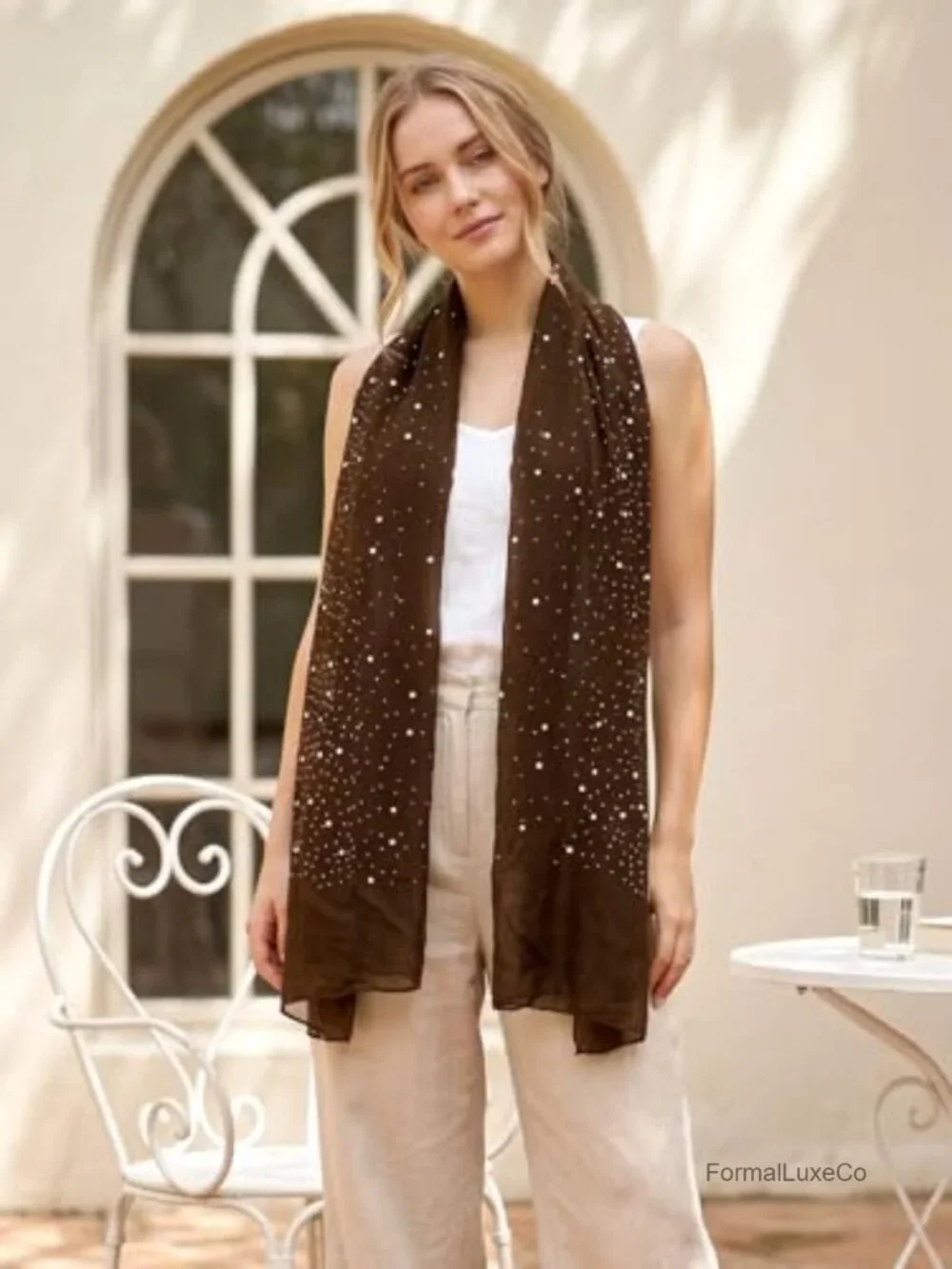 Rhinestone Pearl Scarf, Glitter Shawl Wrap, Sparkly Head Scarf for Women